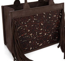 Load image into Gallery viewer, Coffee &amp; cream tooled fringe purse by Trinity Ranch
