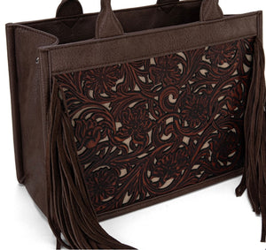 Coffee & cream tooled fringe purse by Trinity Ranch