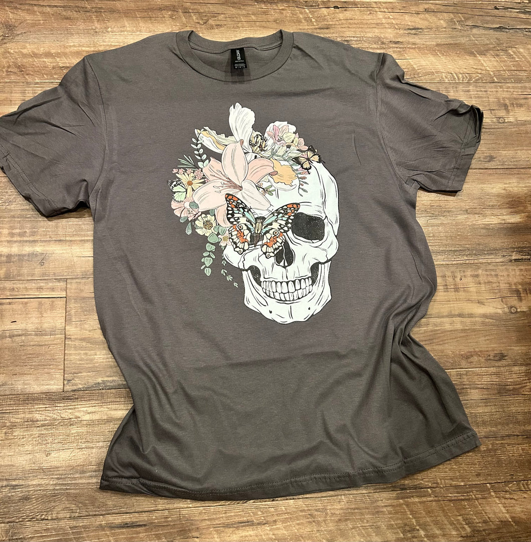 Dark grey floral skull with butterflies t-shirt