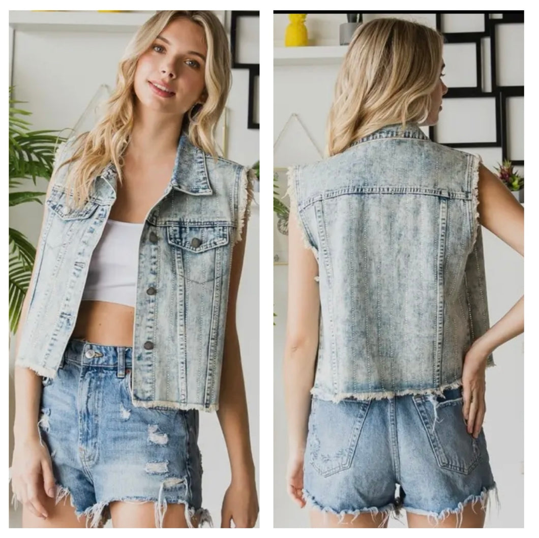 Light denim bling accent pinstripe vest