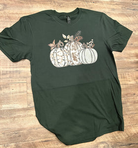 Dark hunter green with cheetah, cow print & cream multi pumpkin Fall t-shirt