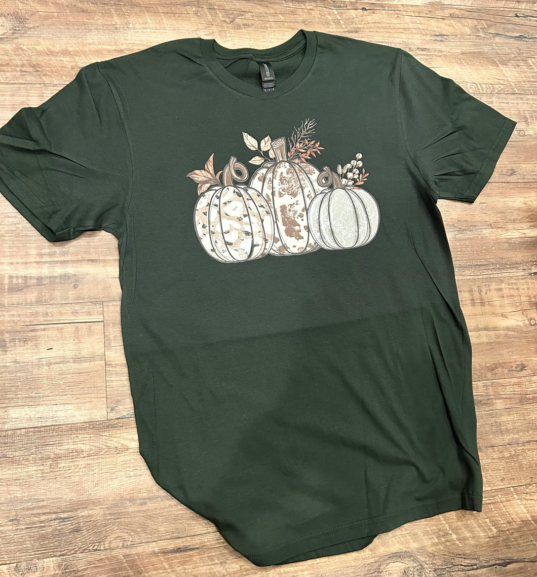 Dark hunter green with cheetah, cow print & cream multi pumpkin Fall t-shirt