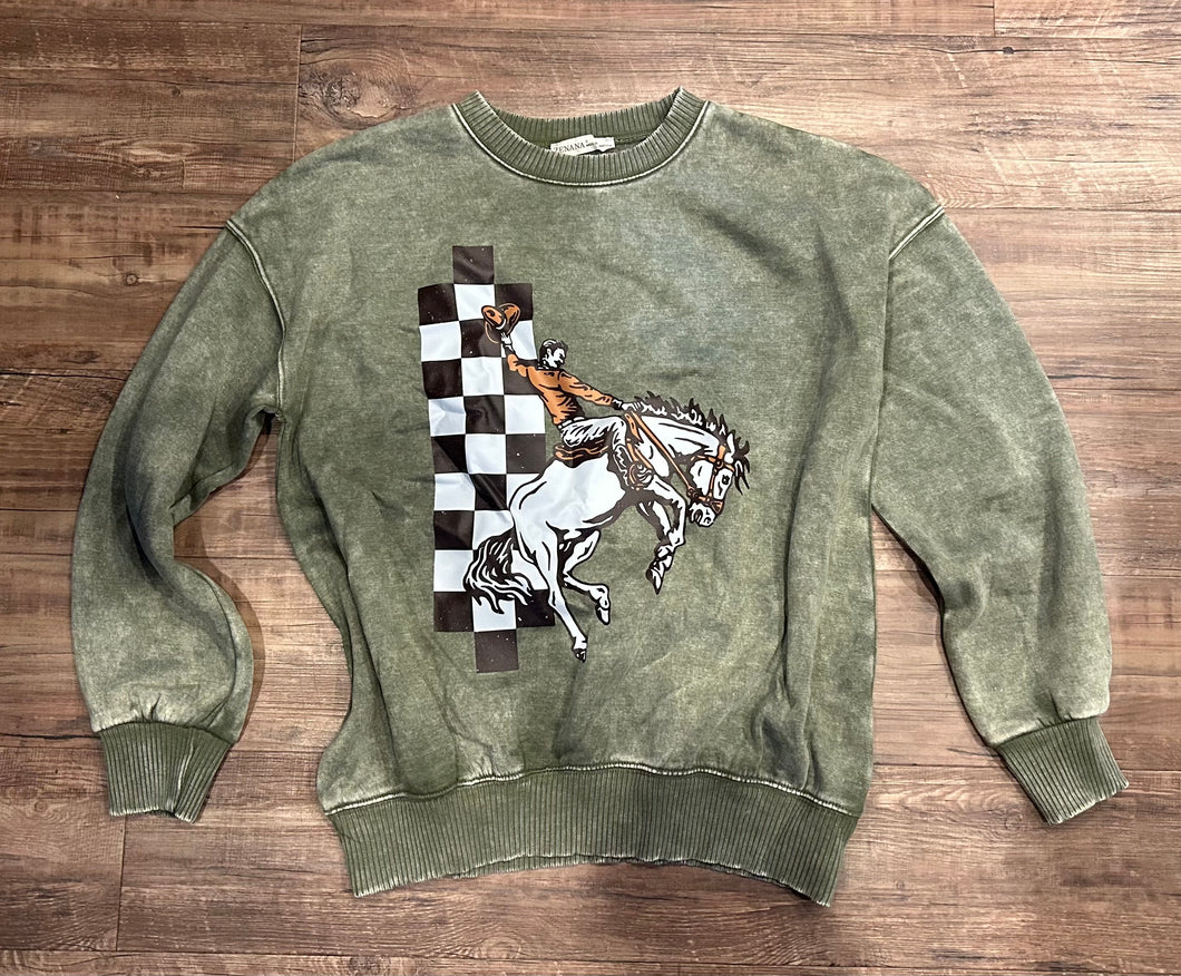 Olive green acid wash checkered bucking horse crewneck