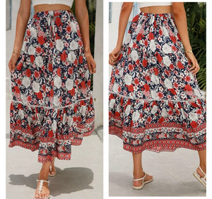 Navy, red, white & pink floral maxi skirt