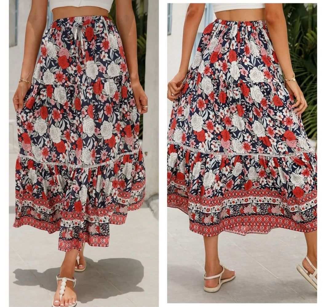 Navy, red, white & pink floral maxi skirt