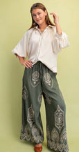 Load image into Gallery viewer, Olive &amp; mocha embroidered medallion palazzo pants
