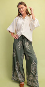 Olive & mocha embroidered medallion palazzo pants