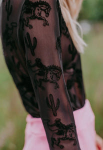Black bucking horse cowboy cactus velvet overlay mesh