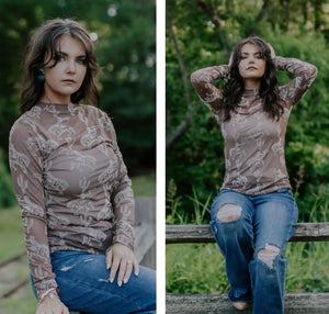 Brown with tan bucking horse & cactus mesh top