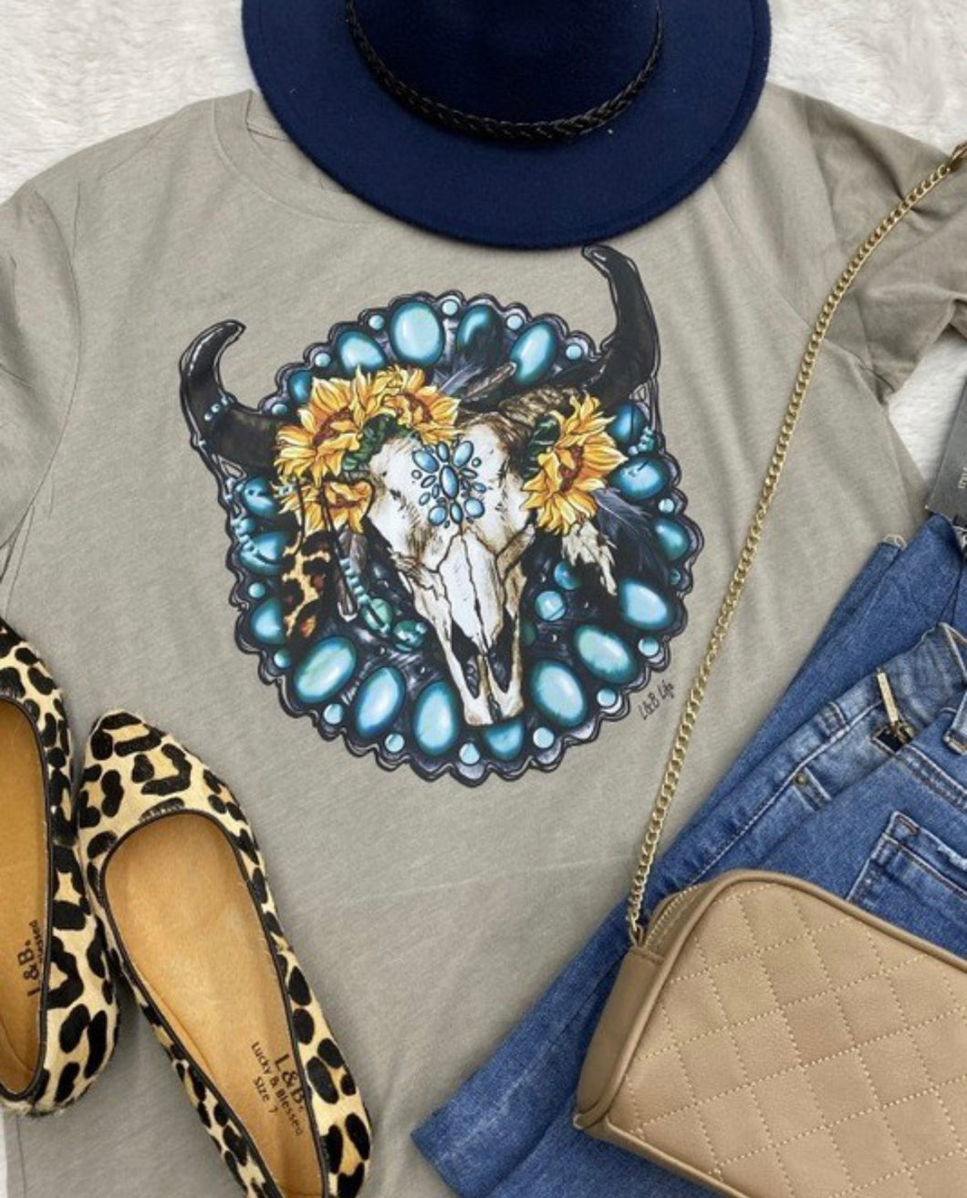 Cement grey turquoise & sunflower steer head t-shirt