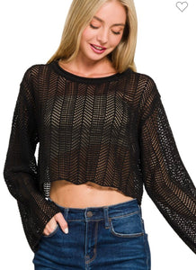 Black open knit crotchet sweater top