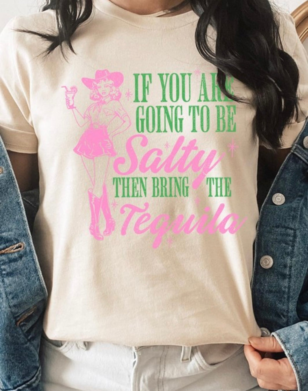 Cream with pink & green pin up cowgirl tequila t-shirt