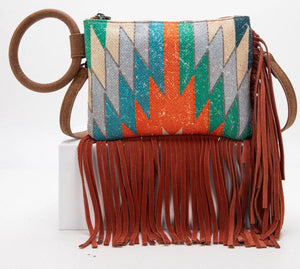 Saddle brown multi rust fringe wristlet with long strap Montana west