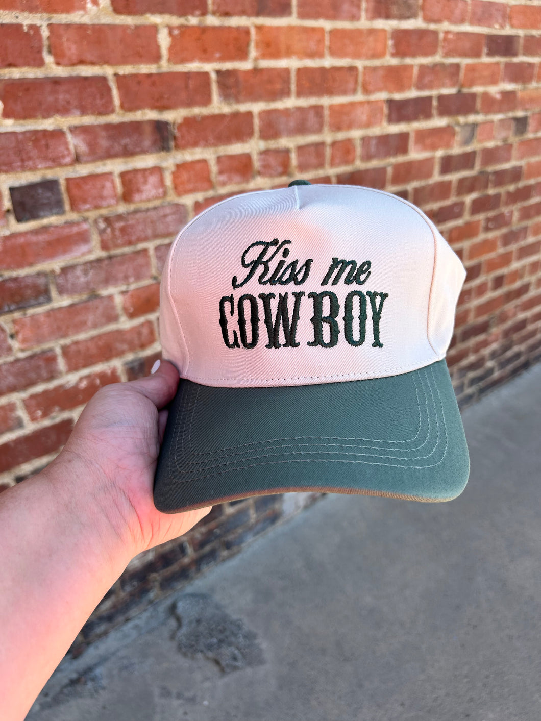Ivory & Olive Green Kiss me Cowboy embroidered hat