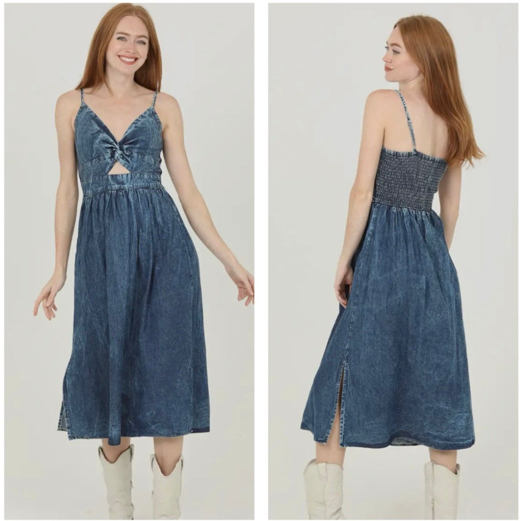Denim mid length dress with cute cut out