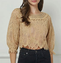 Load image into Gallery viewer, Tan lace crotchet 3/4 sleeve top
