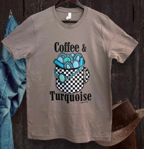 Cement grey coffee & turquoise checkered t-shirt