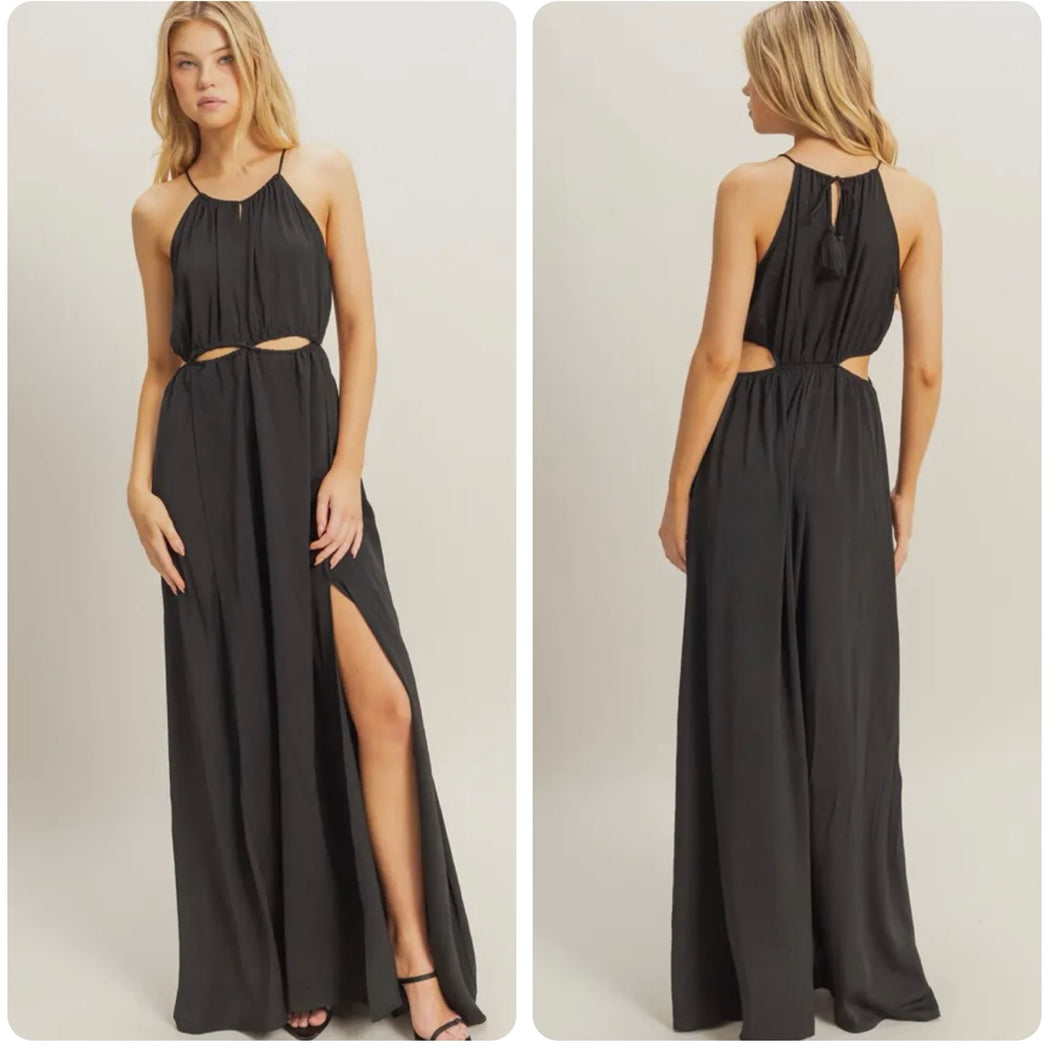 Black Satin Maxi dress with cut outs