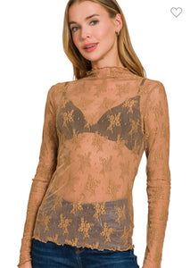 Saddle brown lace floral mesh top