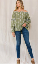 Load image into Gallery viewer, Olive green &amp; ivory Aztec long sleeve top
