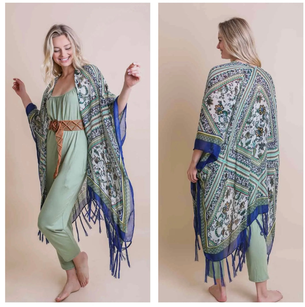 Sage green, cream & royal blue floral medallion kimono with fringe