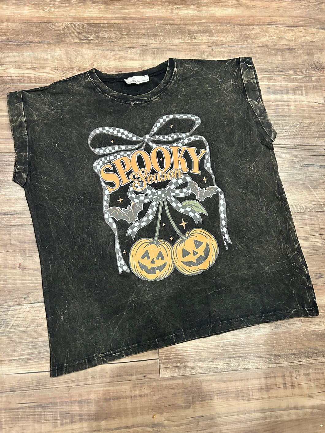 Spooky checkered cherries Halloween acid wash black t-shirt
