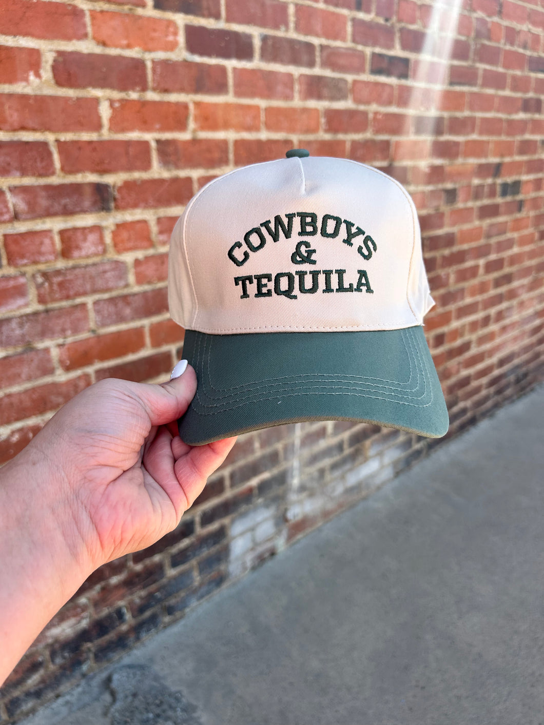 Ivory & Olive Green Cowboys & Tequila embroidered hat