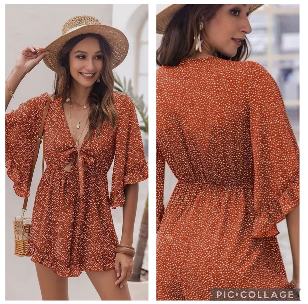 Rust & ivory polka dot 3/4 sleeve romper with bow tie front