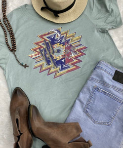 Sage multi Aztec with cactus t-shirt