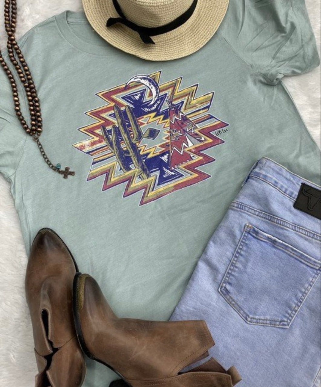 Sage multi Aztec with cactus t-shirt